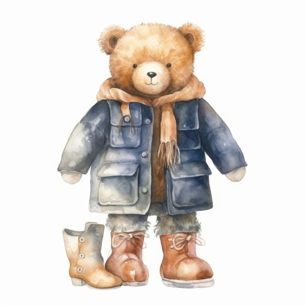 Watercolor teddy bear wearing a cozy winter hat and scarf single white background AI generated