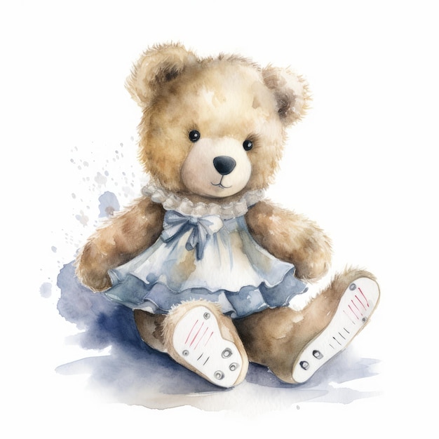 Watercolor teddy bear wearing ice skates single white background AI generated