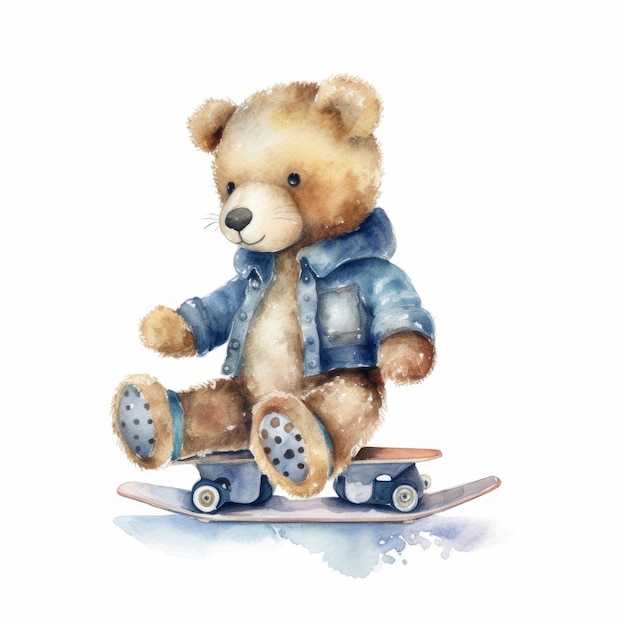 Watercolor teddy bear wearing ice skates single white background AI generated