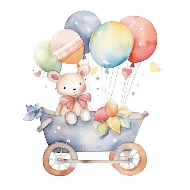 Photo watercolor teddy bear on a wheelchair