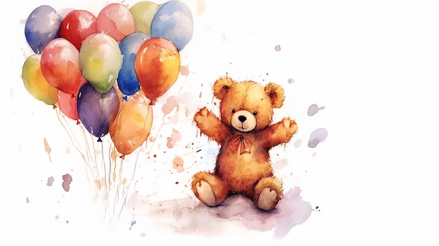 Watercolor teddy bear with balloons illustration Generative AI