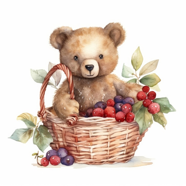 Watercolor teddy bear with a basket of winter berries single white background AI generated