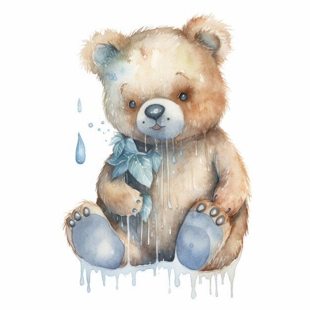 Watercolor teddy bear with a cluster of icicles single white background AI generated