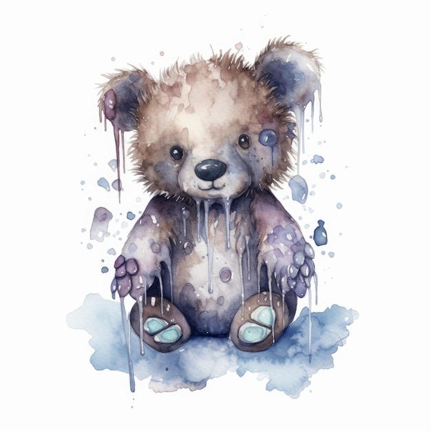 Watercolor teddy bear with a cluster of icicles single white background AI generated