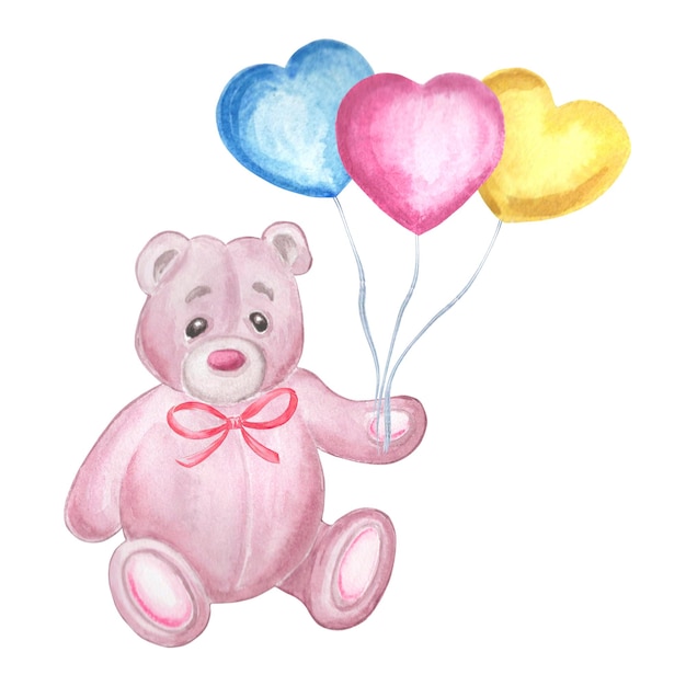 Watercolor teddy bear with colorful heartshaped balloons with ribbons hand drawn