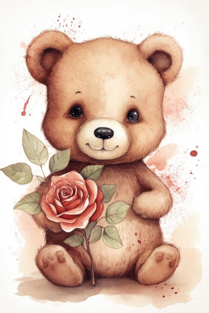 Photo watercolor teddy bear with flowers