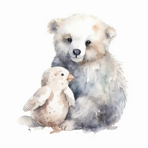 Watercolor teddy bear with a fluffy white snow owl on its shoulder white background AI generated