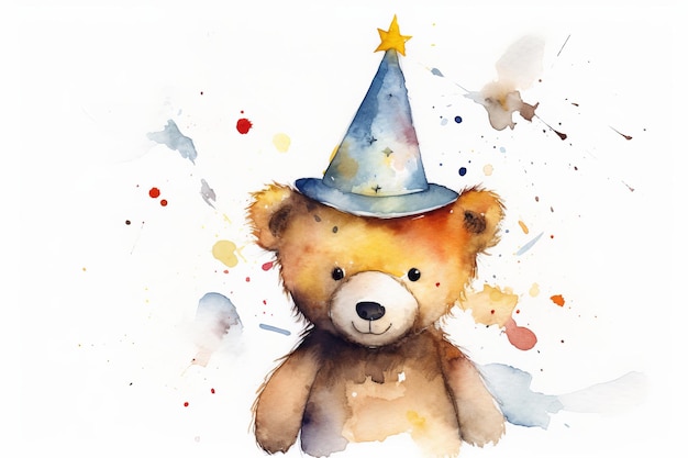 Watercolor Teddy Bear with a party hat for a boy's Birthday on white background AI generated