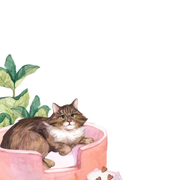 Watercolor template with an illustration of a cat on a white background