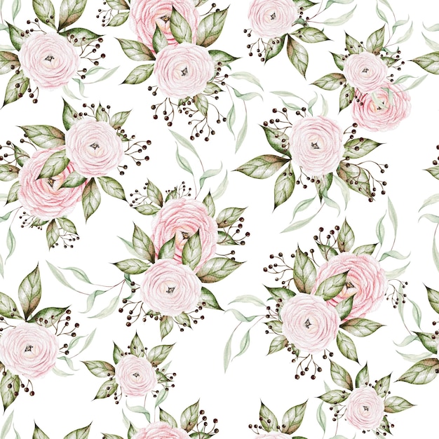 Photo watercolor tender seamless pattern with flowers and leaves illustration