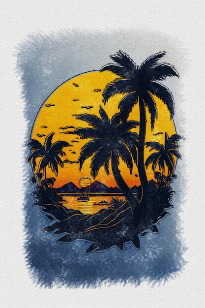 T シャツ デザインの夕日の山とヤシの木のイラストを描く水彩テクスチャ