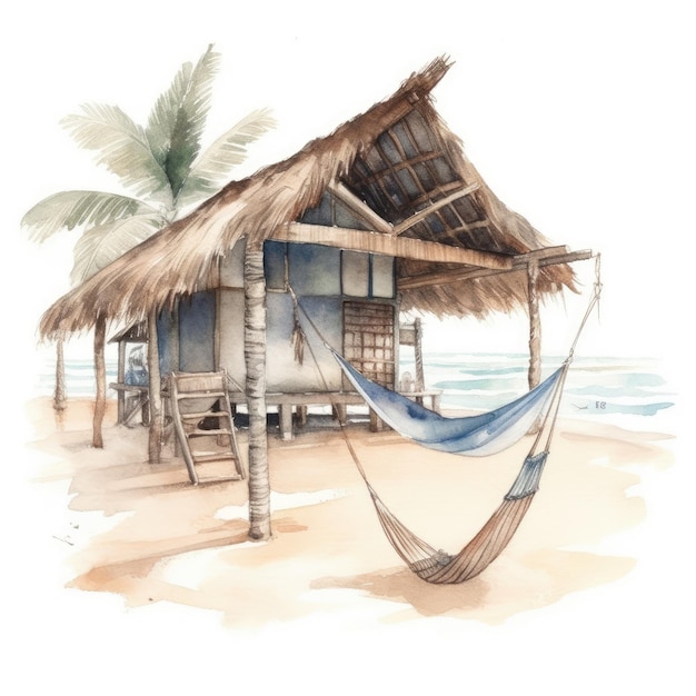 Watercolor of a thatched roof hut with hammock