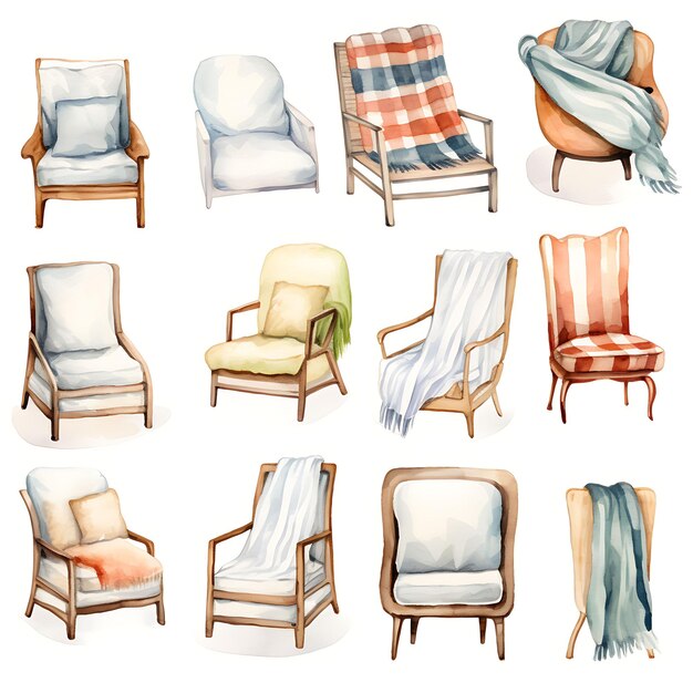 Watercolor of Throw Blankets Pillows Lap Blankets Accent Chairs Cozy Textu on White Background 2D