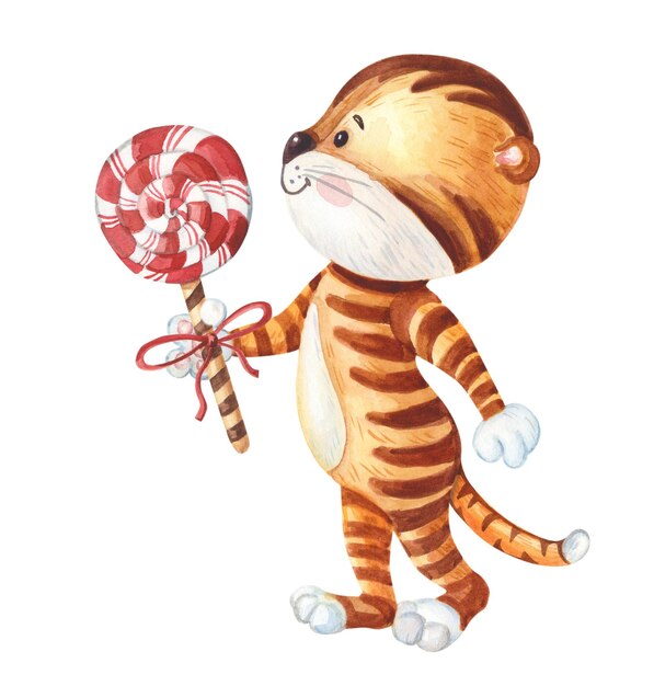 Watercolor Tiger cub comes with a lollipop in his paw. Birthday greeting card with candy. Symbol of New Year. Illustration for winter holiday. Christmas card for kids. Izolated on white background.