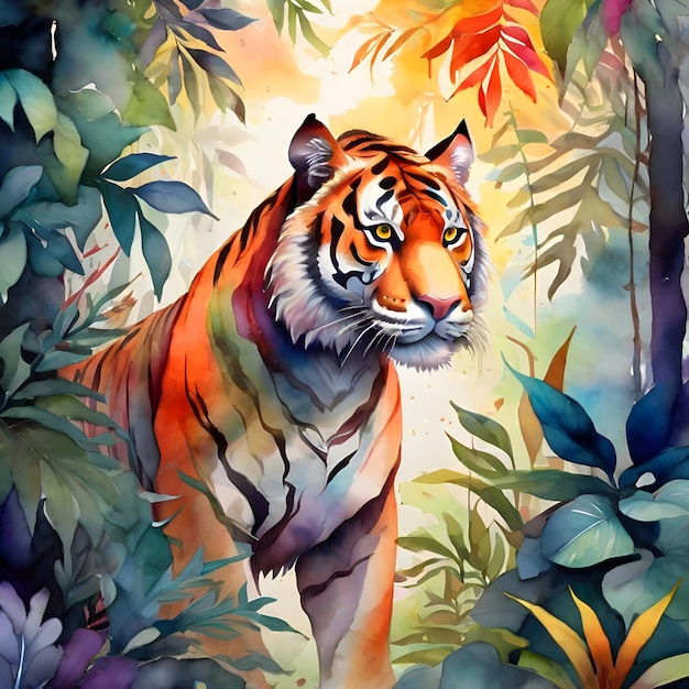 アクアカラー 森林の活気のあるジャングルに融合する虎のイラスト