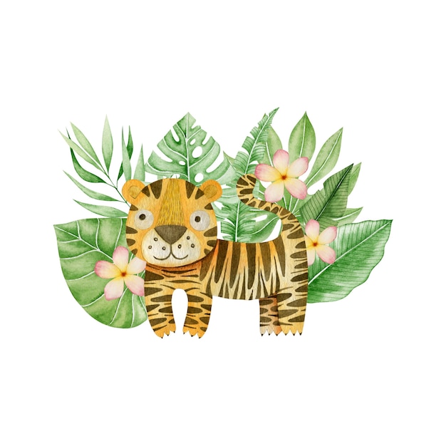 Watercolor tiger and tropical flowers Isolated on white background