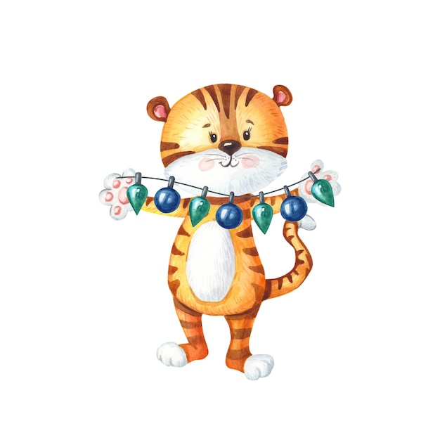 Watercolor tiger with Christmas garland of lamps. Cute animal for New Year.