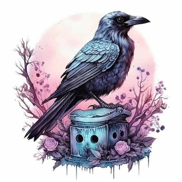 Watercolor of Tombstone with Cute Crow on It