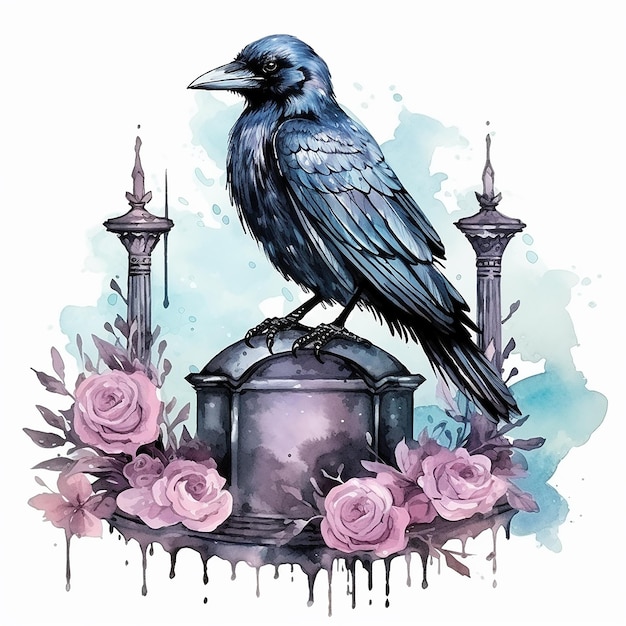 Watercolor of Tombstone with Cute Crow on It