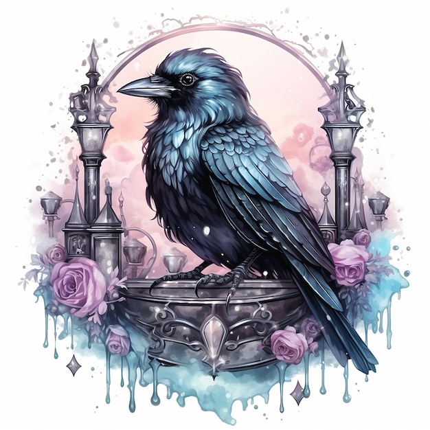 Watercolor of Tombstone with Cute Crow on It