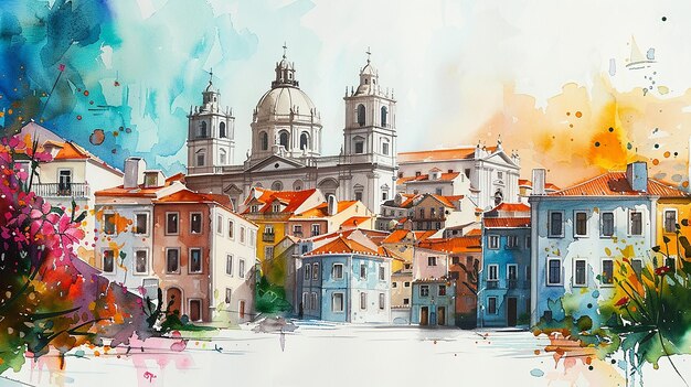 Watercolor touristic card of Lisbon