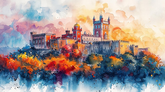 Watercolor touristic card of Sao Jorge Castle