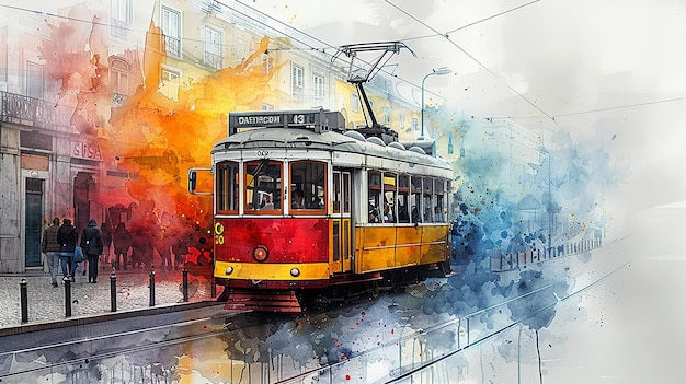 Watercolor touristic card of yellow tram in Lisbon