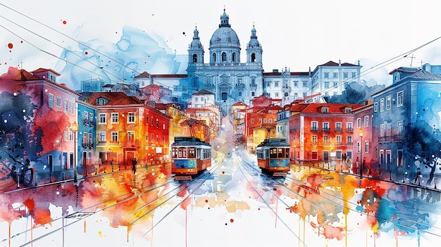 Watercolor touristic card of yellow tram in Lisbon