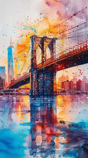 Watercolor touristic postcard view of Brooklyn Bridge