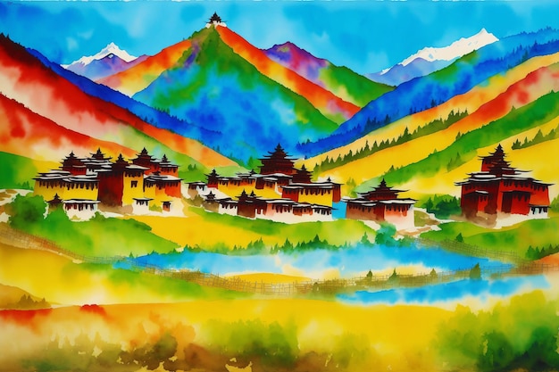 A watercolor town Tibet Enchanting Serenity Watercolor Painting of a Tibetan Village Generative AI