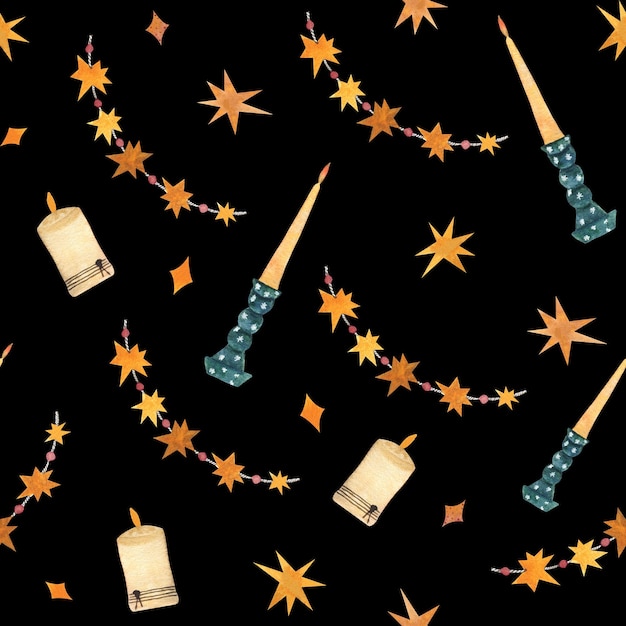 Foto reticolo senza giunte di natale tradizionale dell'acquerello con ghirlande di candele e stelle