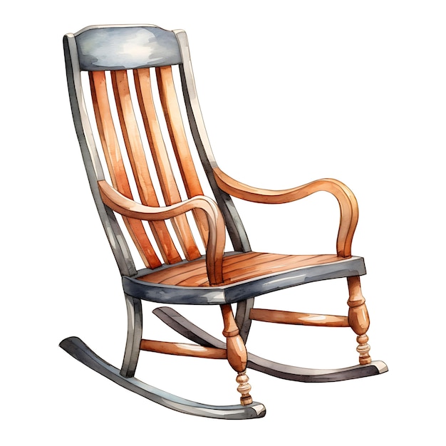 Watercolor of a Traditional Wooden Rocking Chair Showcasing Home Accents on White Back Ground