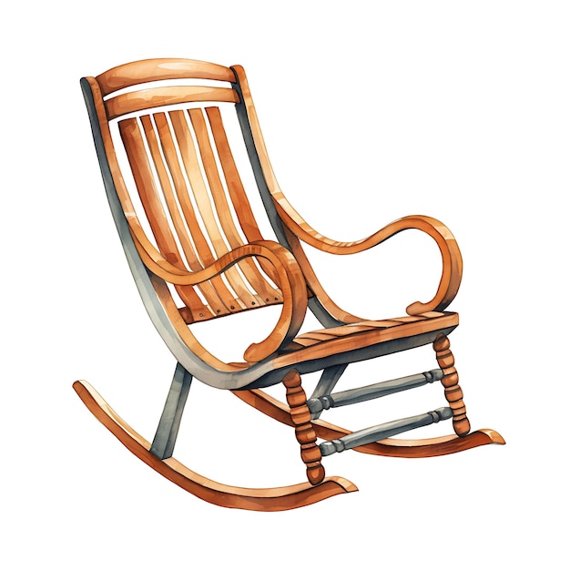 Акварель традиционного деревянного кресла-качалки с домашними акцентами на белом фоне
