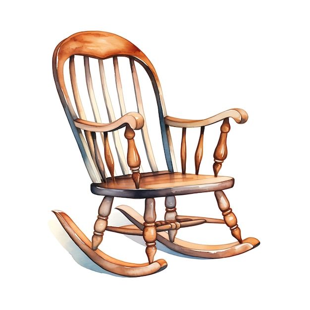 Watercolor of a Traditional Wooden Rocking Chair Showcasing Home Accents on White Back Ground