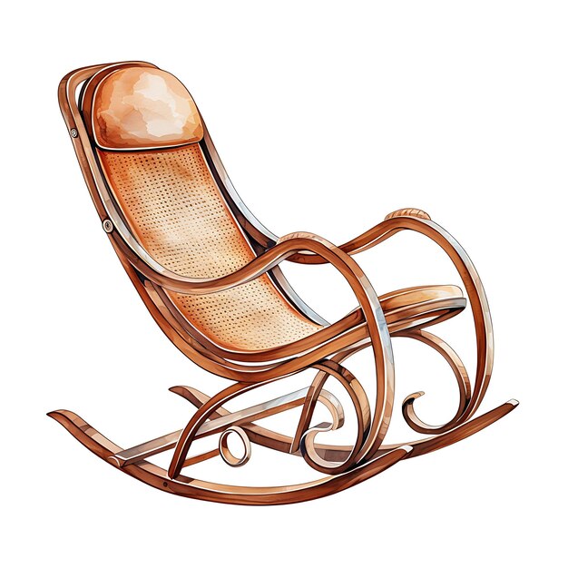 Watercolor of a Traditional Wooden Rocking Chair Showcasing Home Accents on White Back Ground