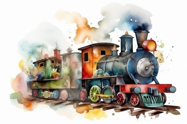 Watercolor train to celebrate a boy's Birthday on white background AI generated