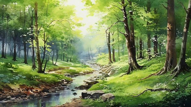 Watercolor Tranquil Forest Clearing