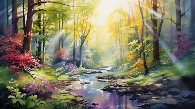 Watercolor Tranquil Forest Stream