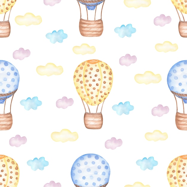 Watercolor transport seamless pattern Air Balloon and sky print cute hand drawn kids party pattern Artwork for textiles fabrics souvenirs packaging greeting card