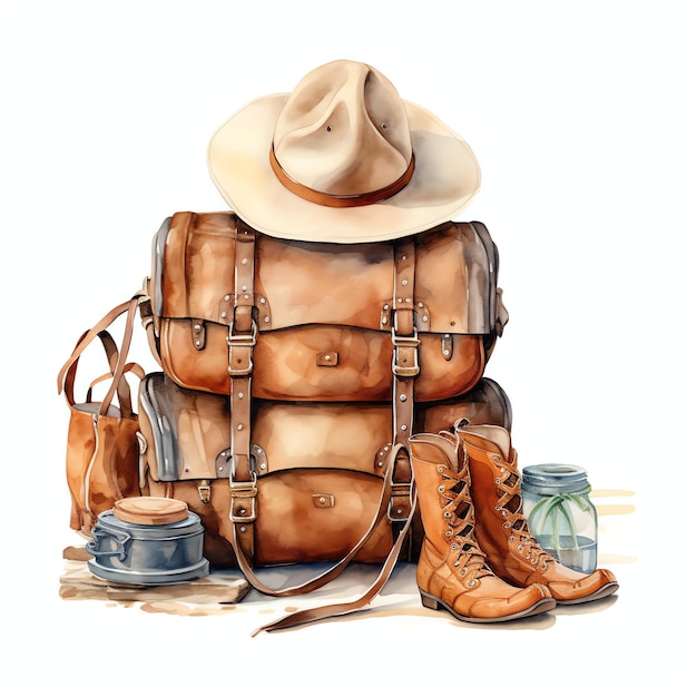 watercolor travel bag western wild west cowboy desert illustration clipart