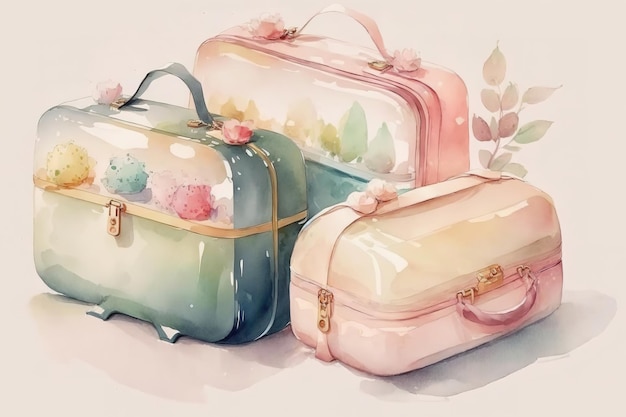 Watercolor travel suitcases in pink colors for adventure