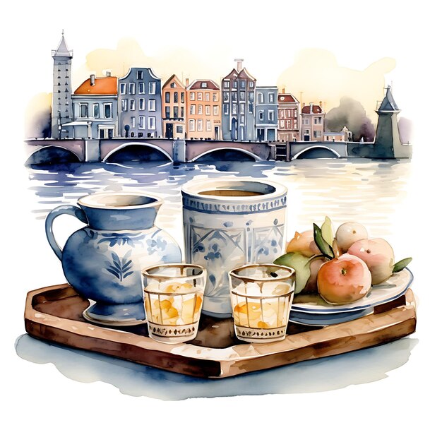 Watercolor of trays tealight holders mugs artwork amsterdam bridges waterc on white background 2d