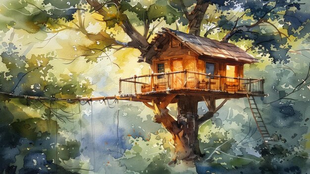 Photo watercolor tree house in tranquil setting generative ai