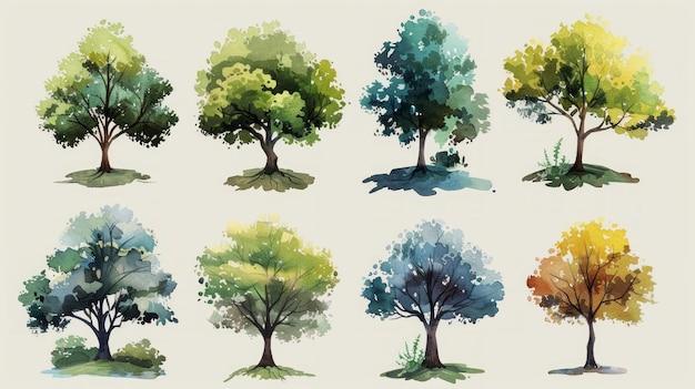 풍경 디자인을 위한 수채화 나무 일러스트레이션 생성 AI