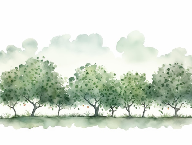 Watercolor Tree Line Hawthorn in Dark Green and Light Gray against a White Backdrop Panoramic Generative AI