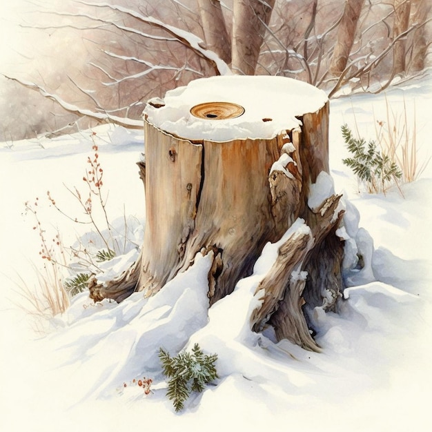 Watercolor Tree Stump Winter Illustration