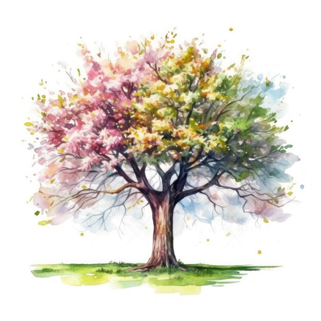 Watercolor tree with the colors of spring. hand drawn illustration.