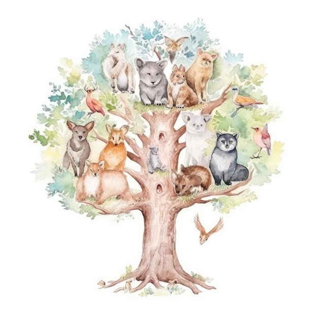 watercolor of a tree with different animals living in it