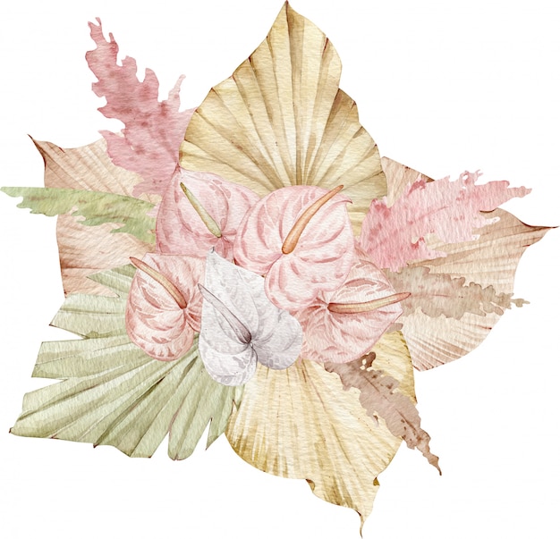 Watercolor tropical Bouquet of exotic flowers and palm leaves