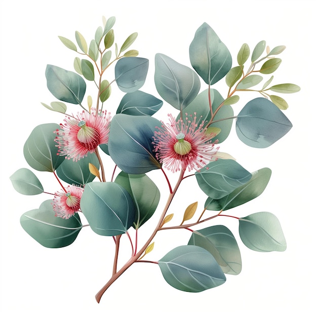 Photo watercolor tropical eucalyptus flower on white background ai illustration